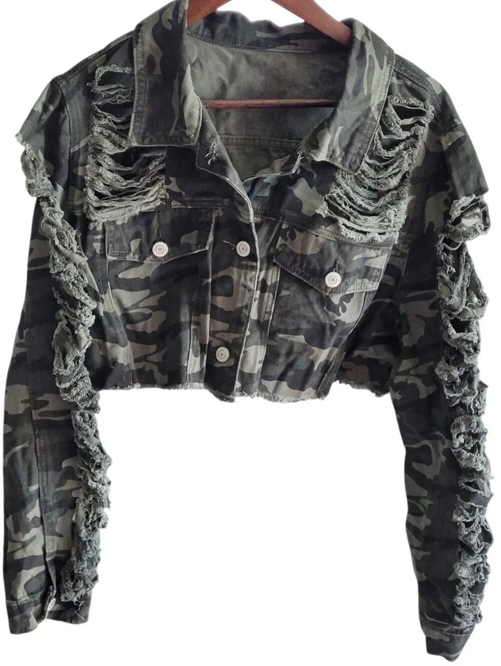 Shein Curve Women's 2XL Camouflage Jacket Green Cropped Front Frayed Distressed.